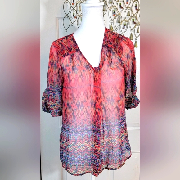 Skies Are Blue Tops - Skies are Blue Sheer Blouse Women's S Petie Multi-colored Abstract Short Sleeved